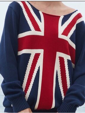 Brandy Melville Off-Shoulder Union Jack Sweater in Navy, Red, White